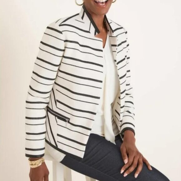 Chico's Blazer Jacket Sz 0 (4/6) Women Black White Open Front Stripe Office Work - Picture 3 of 11